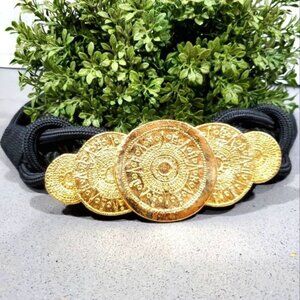 Vintage Belt Black Gold Medallion Stretch Woven Waist